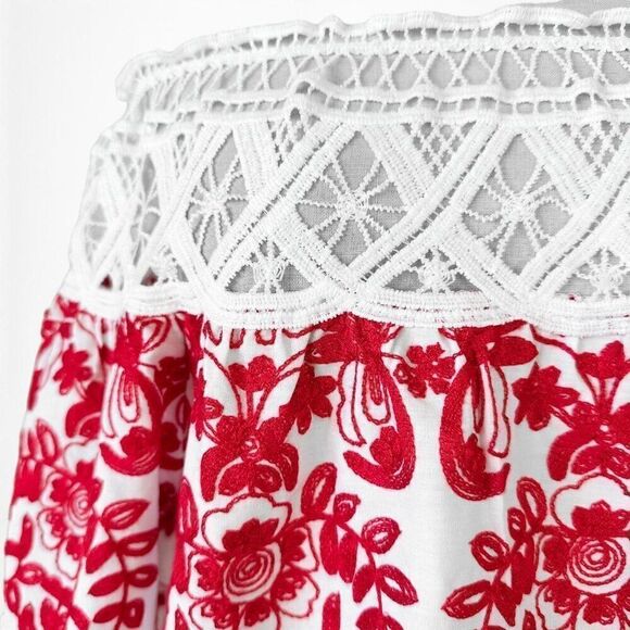 White Off The Shoulder Floral Lace Babydoll Style Cutout Blouse Top Dress Size M - Picture 6 of 6